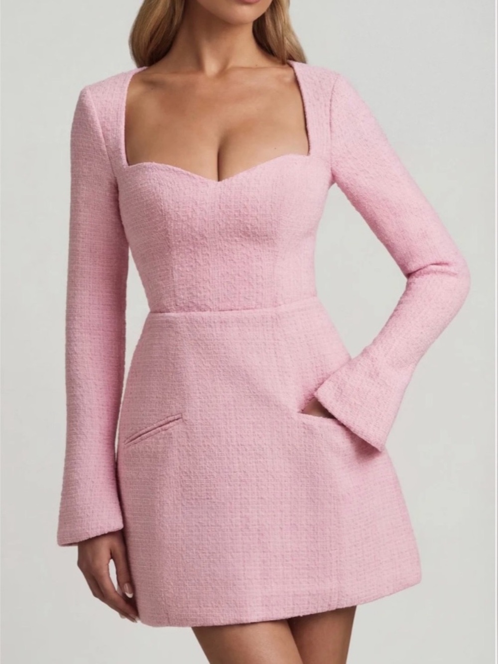 NEW Oh Polly Pink Tacita Structured Tweed Long Sleeve Mini Dress US 0 Coquette